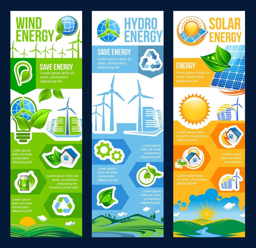 Save energy banner of solar, wind and hydro power vector