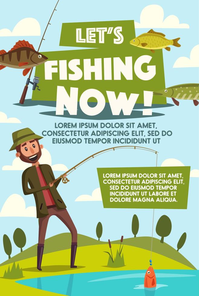 cartel de vector de pescador con caña de pescar