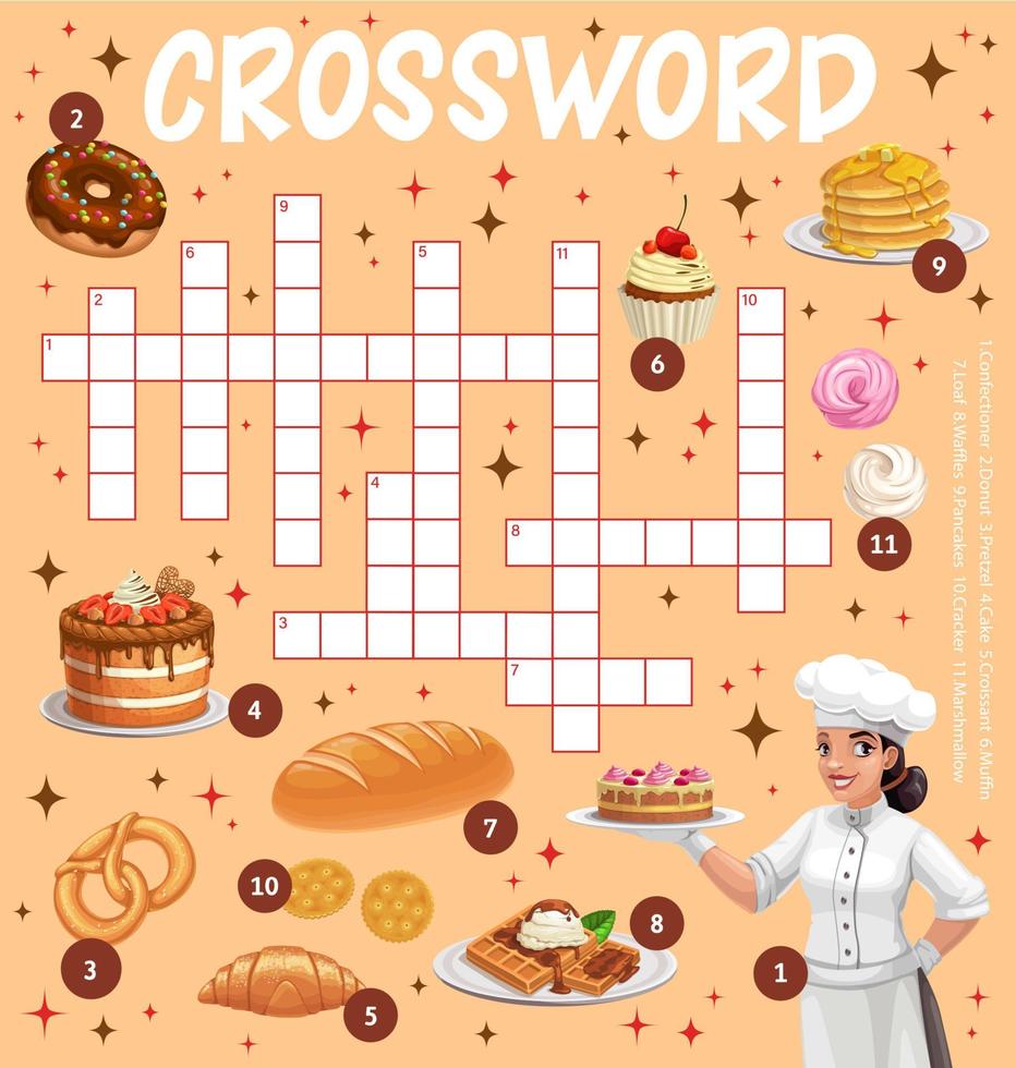 Sweets, desserts and bakery crossword worksheet vector