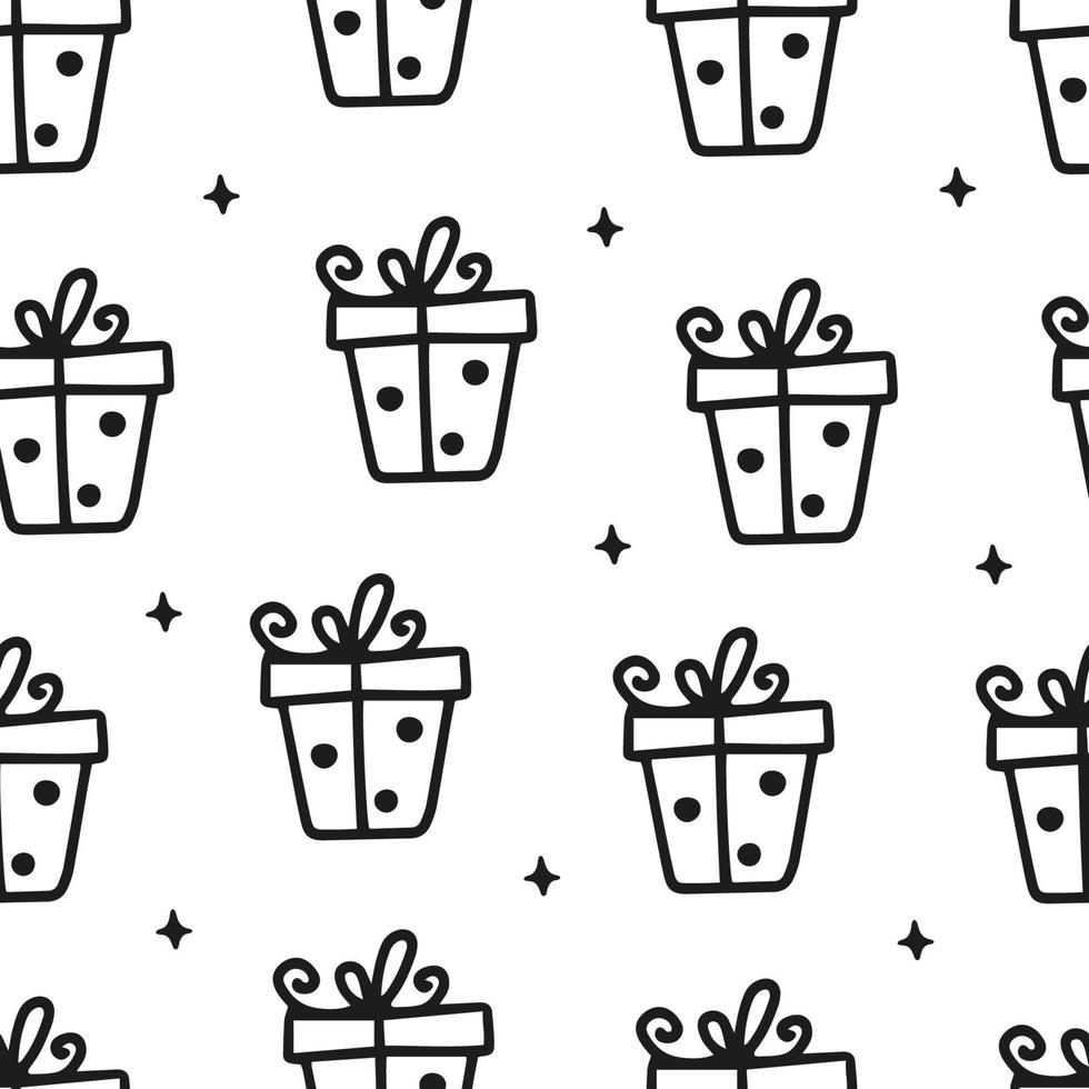 Black and white Christmas pattern of gift bowes. Gift pattern, seamless texture with hand drawn illustrations of present boxes. Vector background. Christmas seamless pattern
