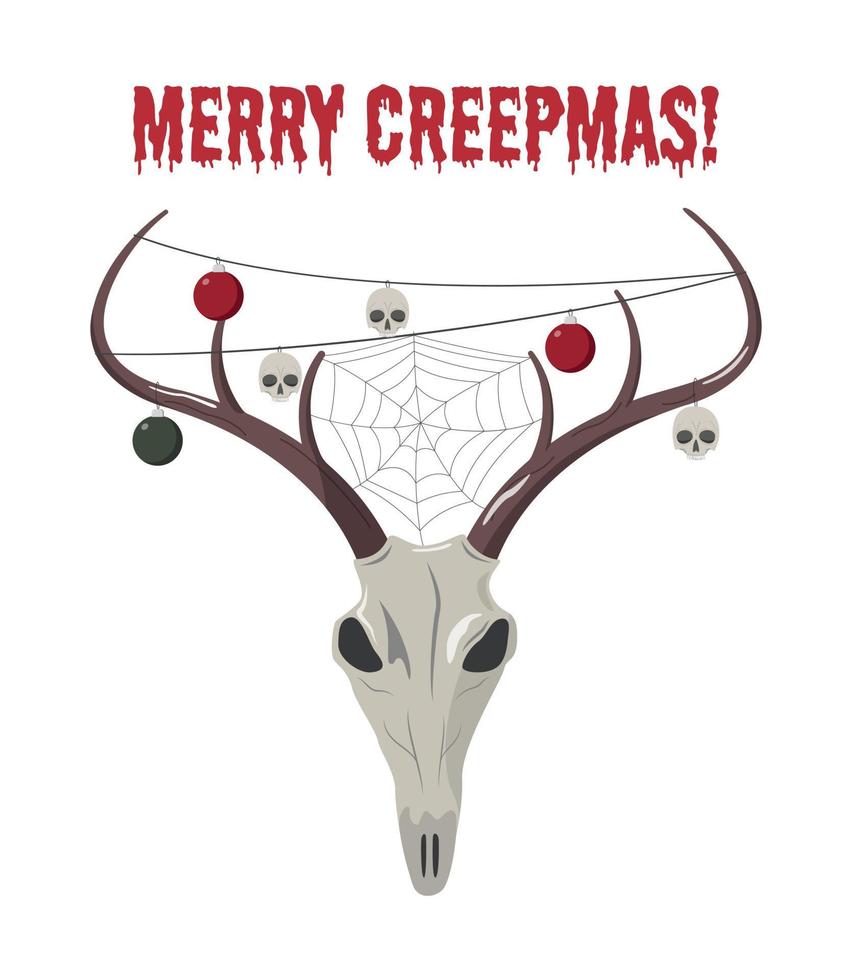 Plantilla de tarjeta de Navidad de miedo. cráneo de reno con guirnalda y telaraña. aislado sobre fondo blanco. feliz diseño creepmas. vector