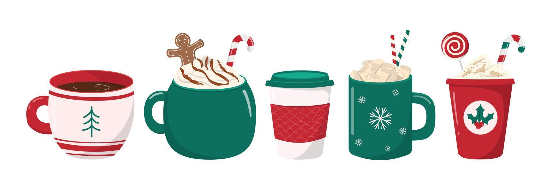 colección de bebidas calientes de navidad de invierno. tazas navideñas con café, chocolate y crema. galleta de hombre de jengibre, bastón de caramelo, piruleta, malvaviscos. ilustración vectorial vector