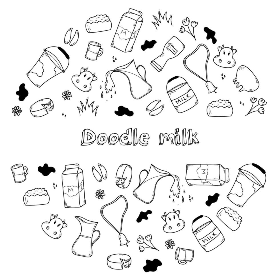 Doodle milk set in circle with free place for title. Vector illustration isolated on white background.