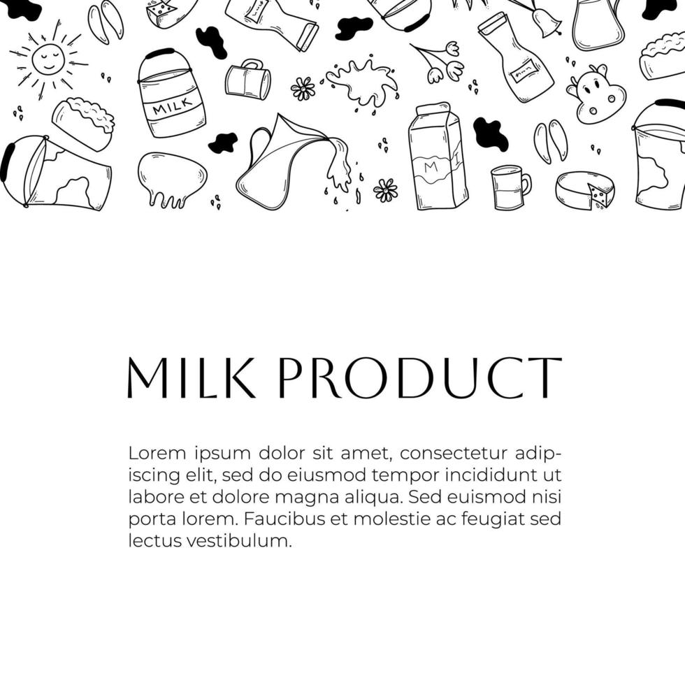 Doodle banner with milk products with free place for text on white background vector