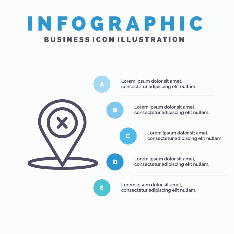 icono de línea de eliminación de lugar de navegación de ubicación con fondo de infografía de presentación de 5 pasos vector