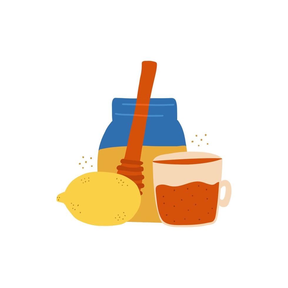 Honey, a mug of hot tea and lemon. Prevention of viral infections. Healthy natural food. Vector hand drawn illustration