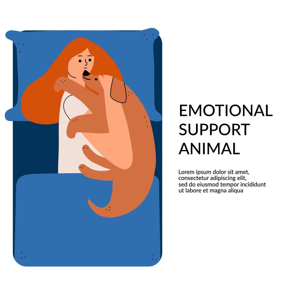 The concept of emotional support by animals. Positive Mental Therapy. The girl lies in bed and hugs her dog. Vector illustration in flat style