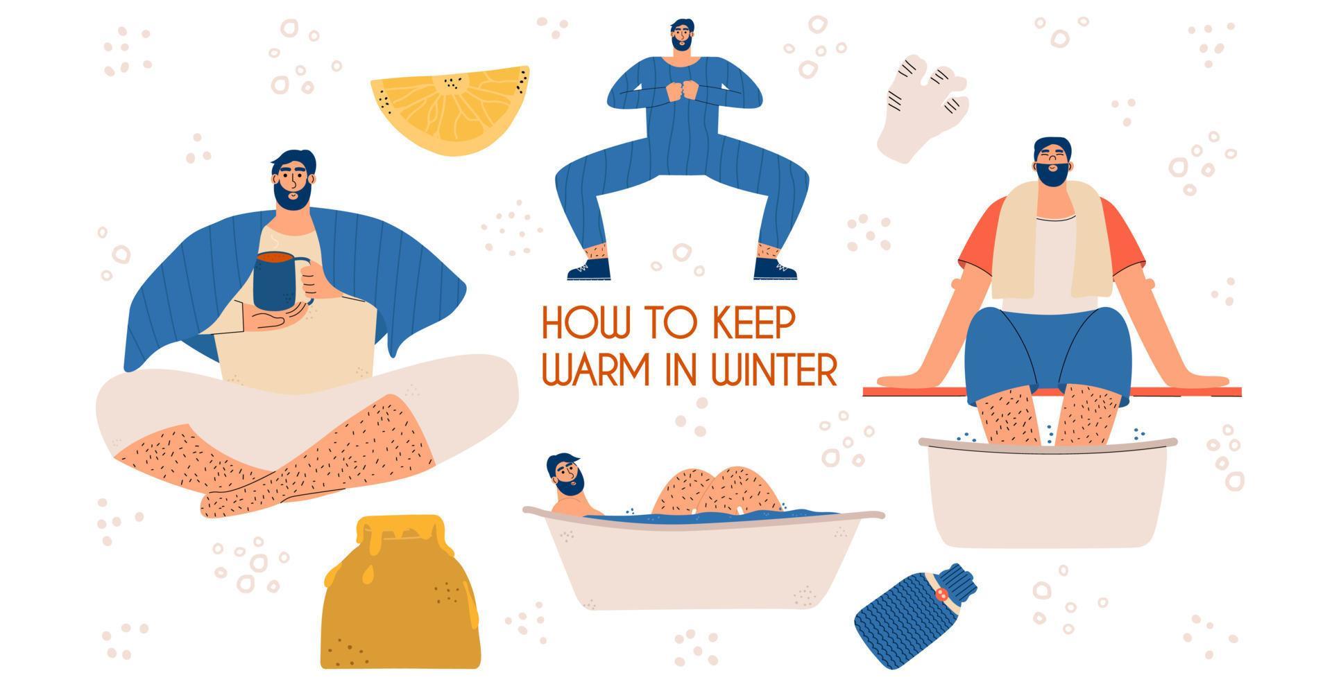 Methods to warm yourself up when it's cold. Set of elements with a