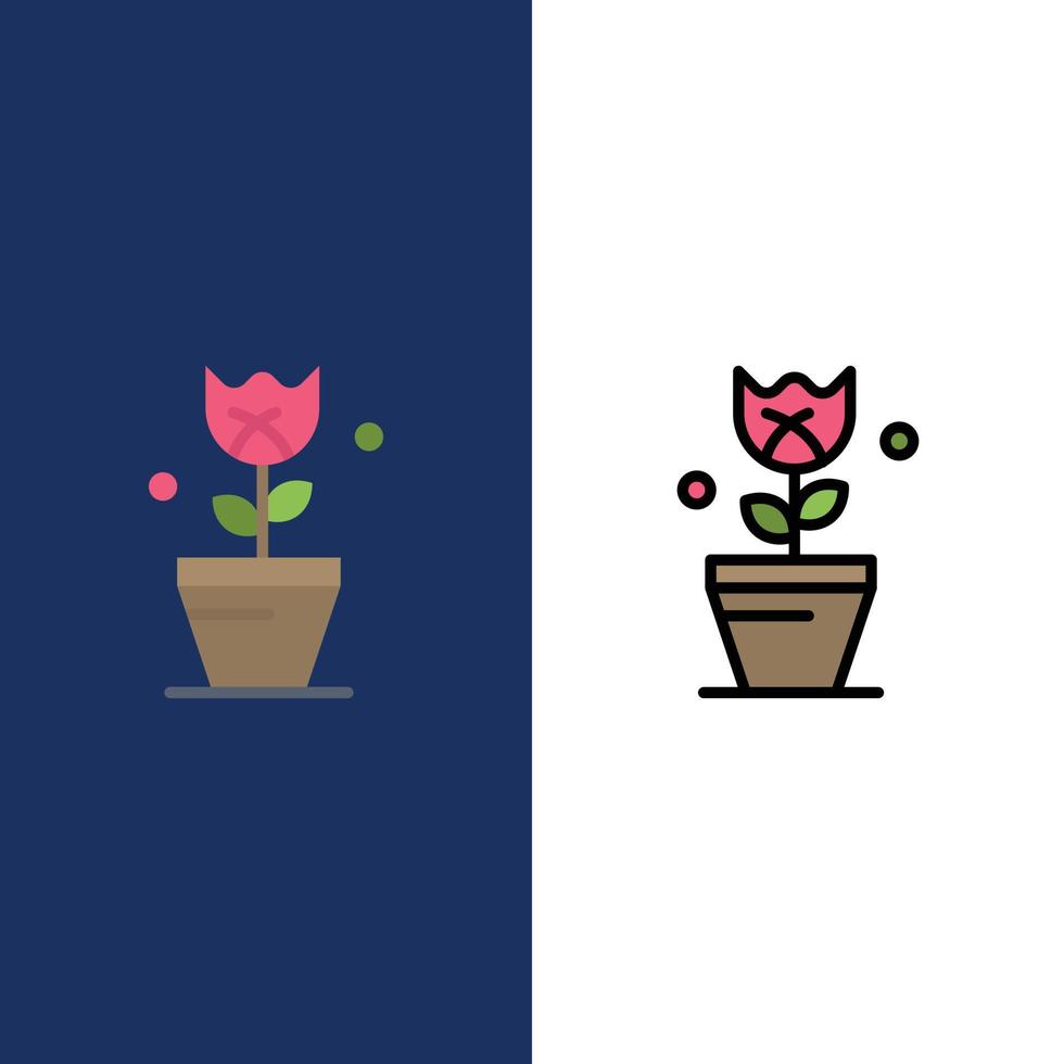 decoración planta de pascua tulipán iconos planos y llenos de línea conjunto de iconos vector fondo azul