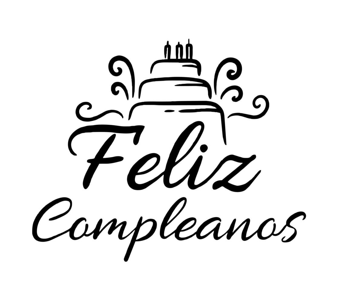 Happy birthday in Spain.  Lettering in Spanish with cake and curlicues. Vector illustration