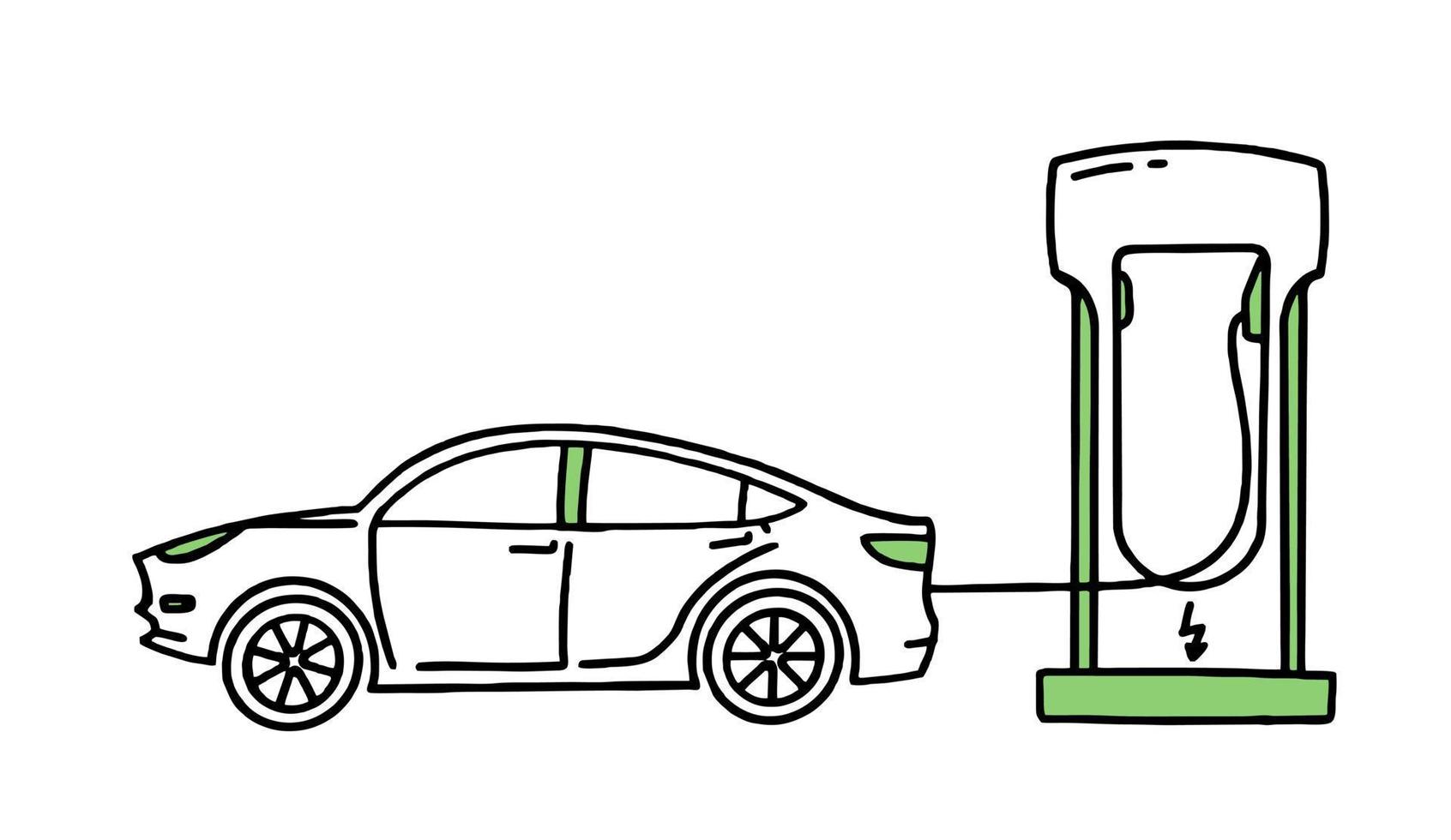 Electric car. Electric refueling. Co2 climate change concept green energy.  Vector isolated doodle