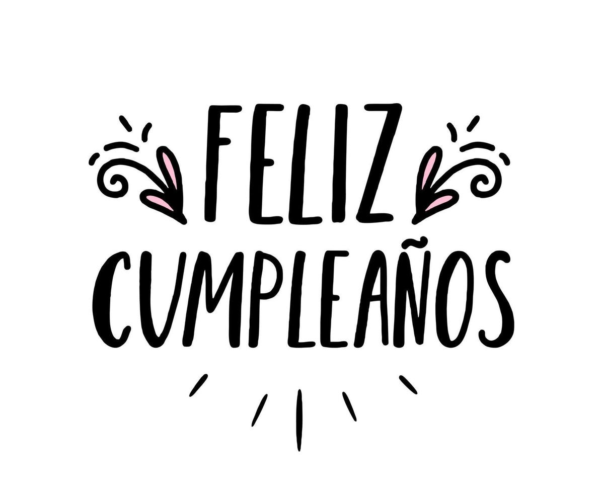 Happy birthday in Spain.  Lettering in Spanish with splashes and curls. Vector illustration