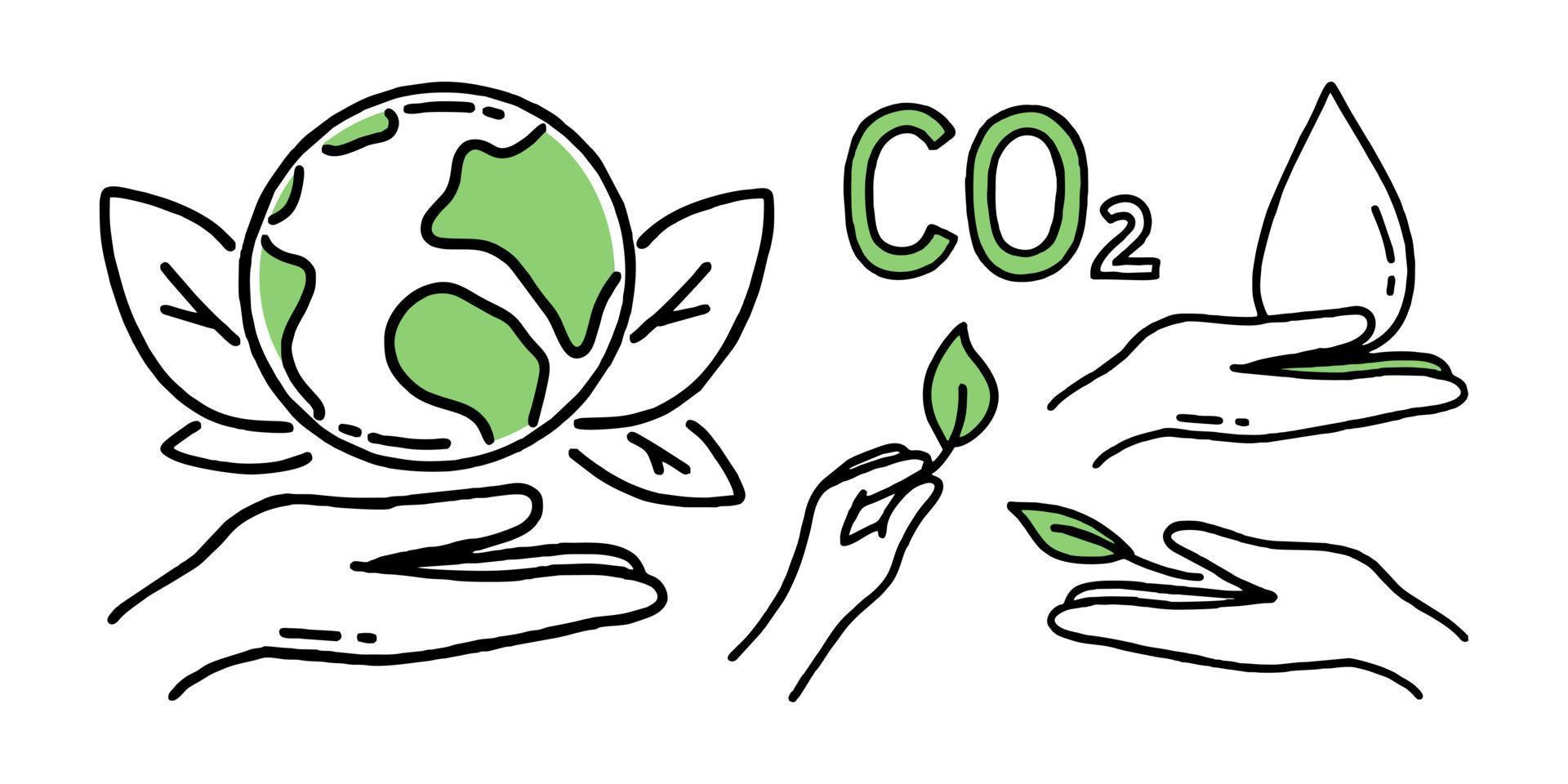 Set of elements Co2 climate change concept green energy Vector isolated doodle illustration