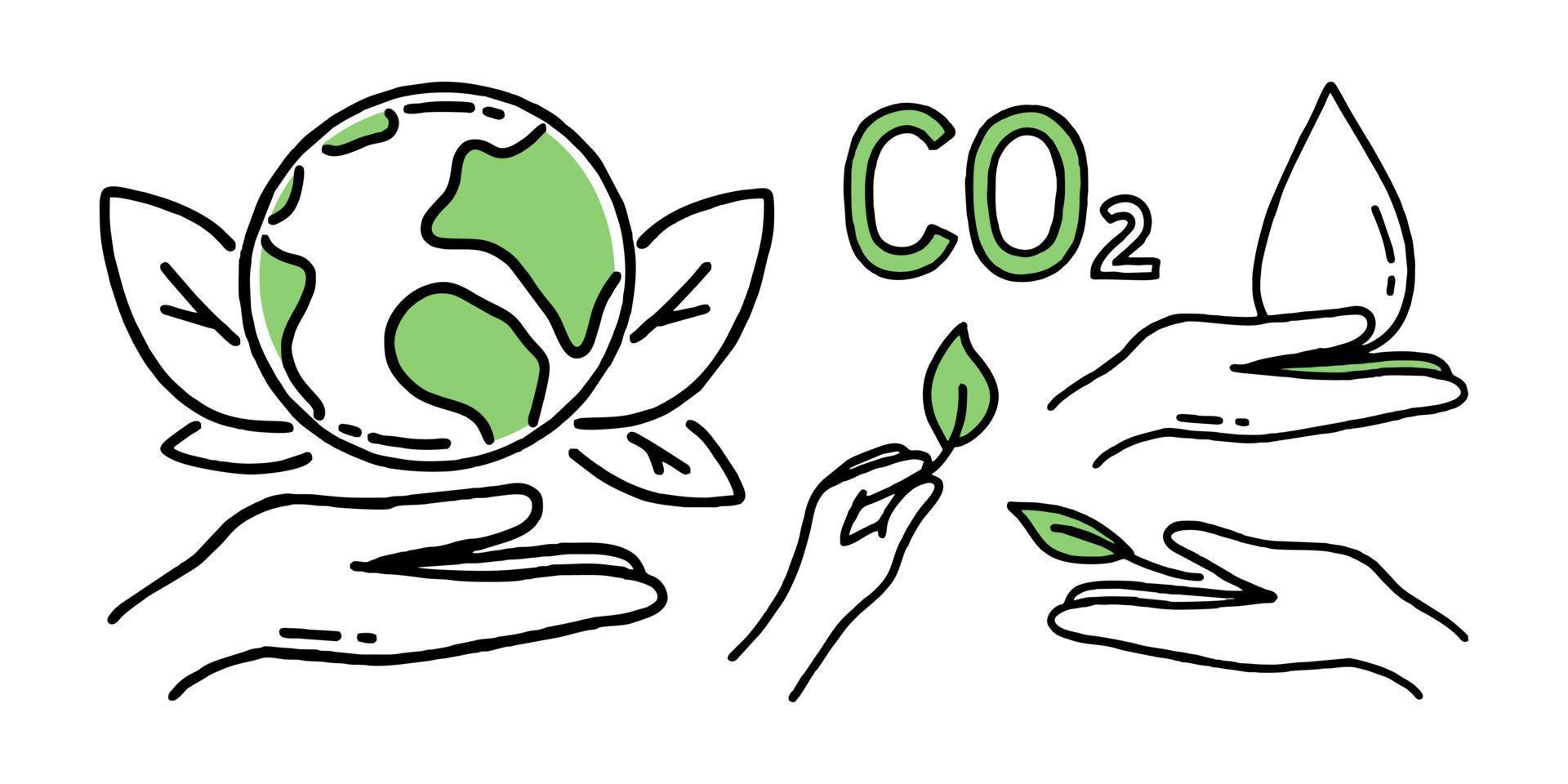 conjunto de elementos co2 cambio climático concepto energía verde vector aislado doodle ilustración