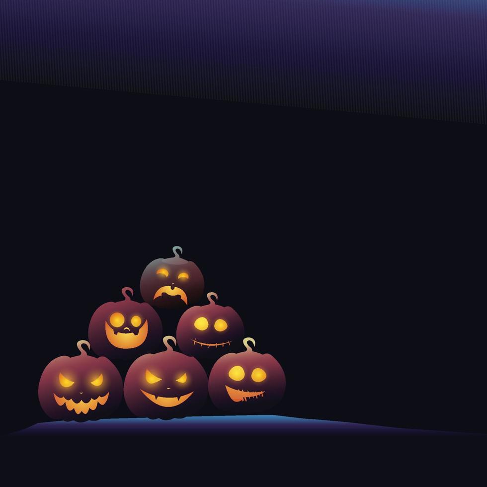 feliz cartel de halloween o invitación de fiesta en fondo azul oscuro con niebla, bruja, cielo nublado, murciélagos, gatos, casa del castillo, lápida y calabazas aterradoras. vector