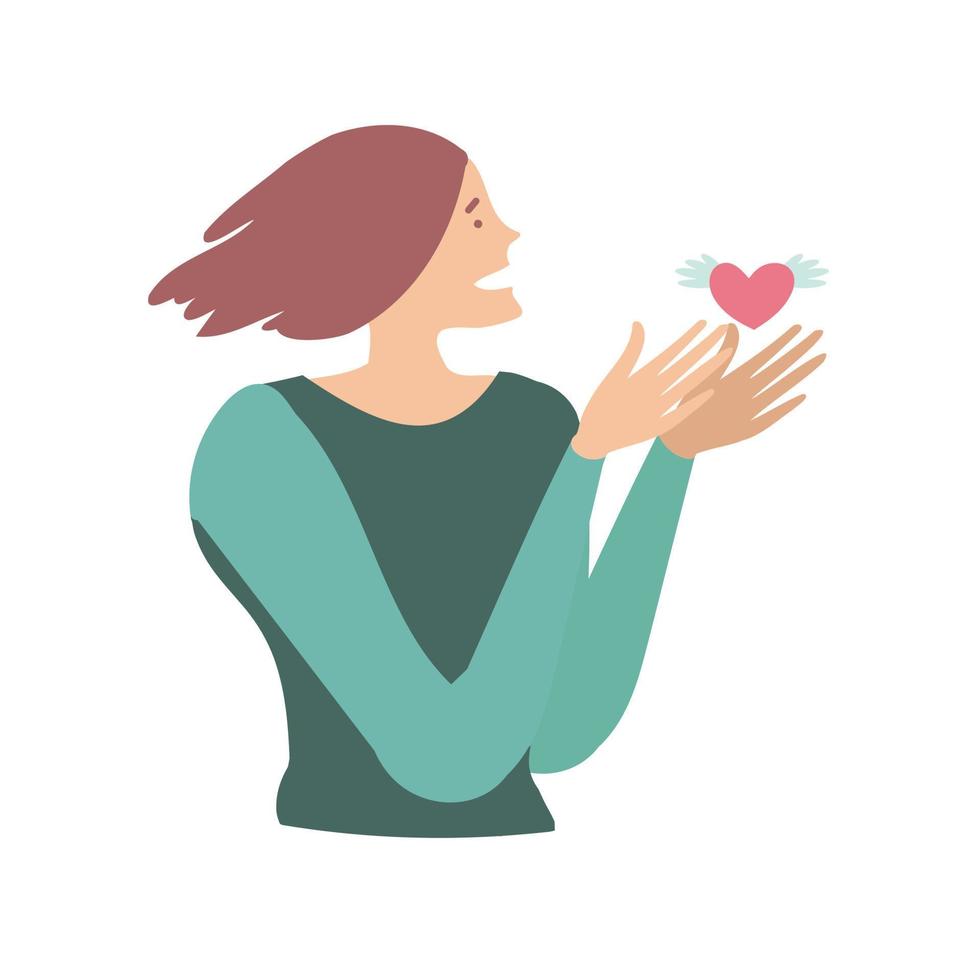 A woman with hands releasing a small heart with wings, vector