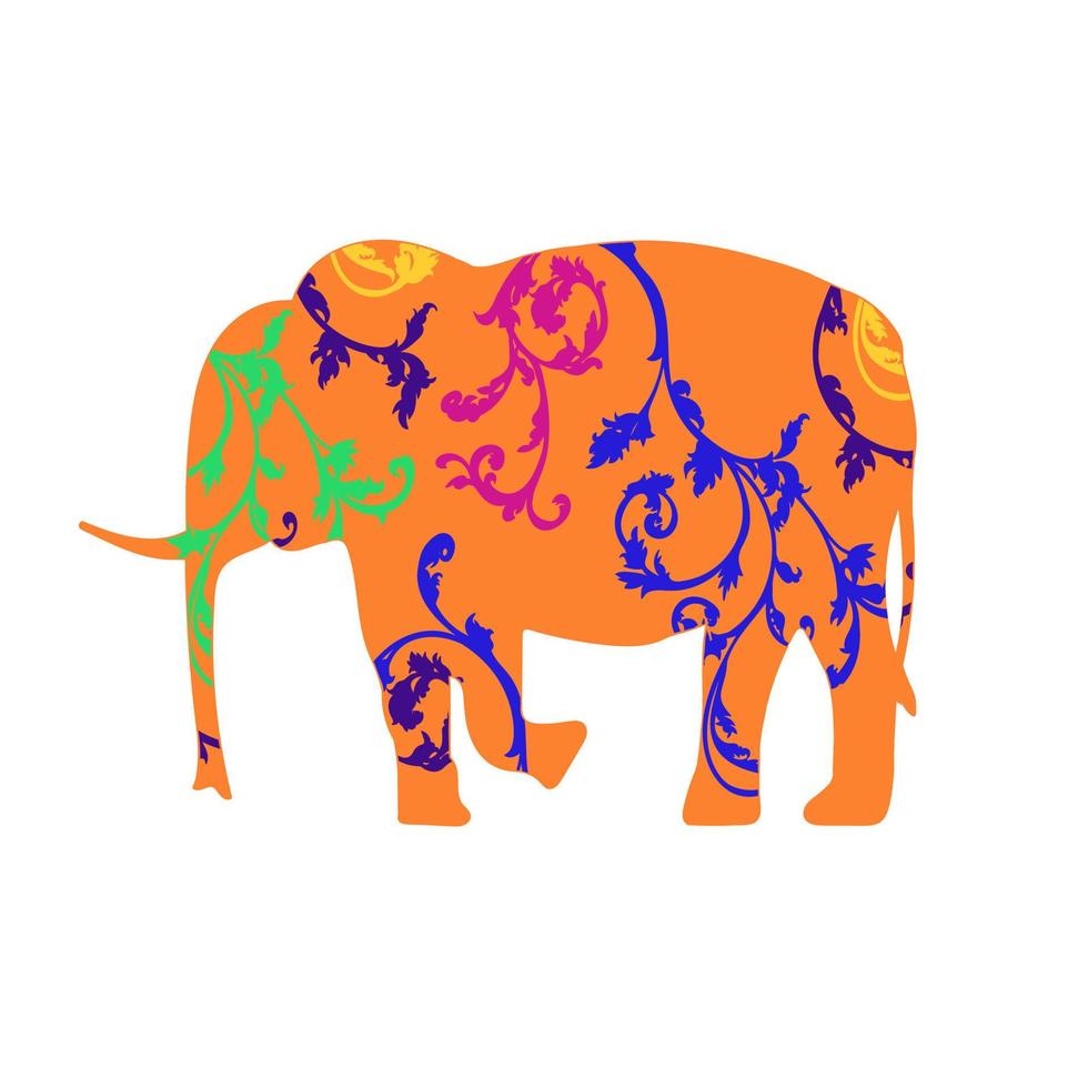 Elephant silhouette with floral elements. Isolated drawing vector illustration.