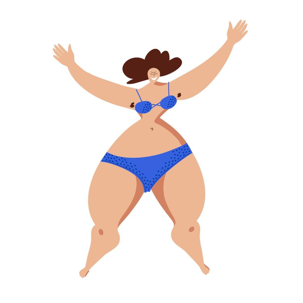 A smiling Plus-size woman with her arms raised. The concept of harmony and self-acceptance. vector