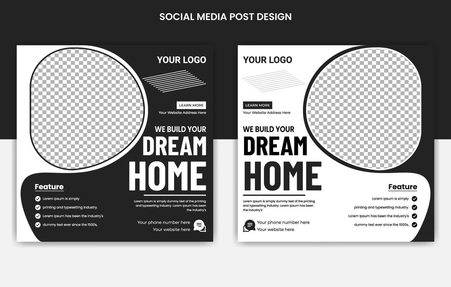 diseño de publicaciones en medios sociales para el hogar inmobiliario, banners web con plantilla de variación de color, conjunto de plantilla de banner cuadrado editable vector