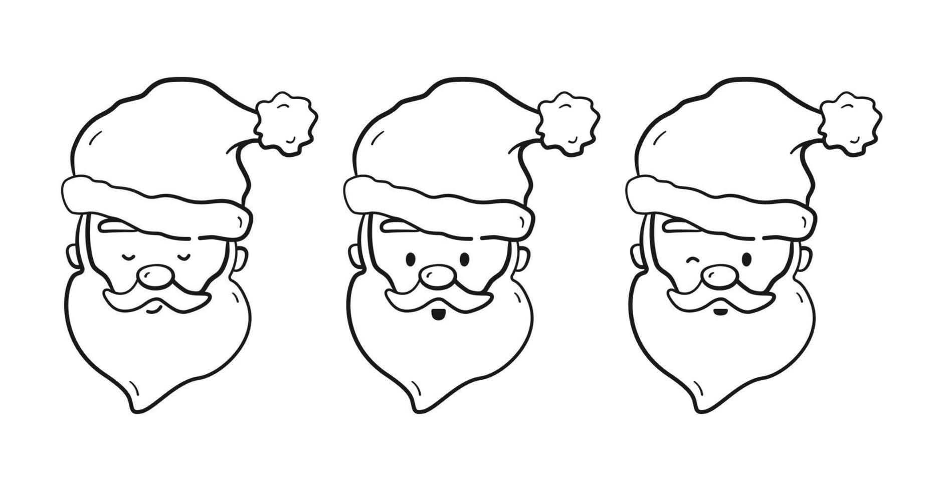 Set of Santa Claus faces. Christmas santa claus character with different face emotions in black linear drawing style. Vector illustration