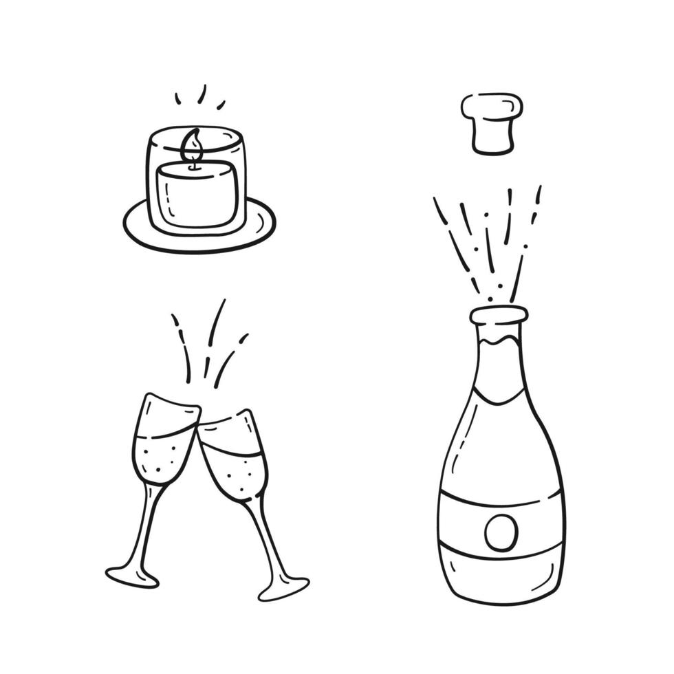 Set of romantic symbols in black linear drawing style. Candle, champagne bottle and glasses in doodle style. Vector illustration