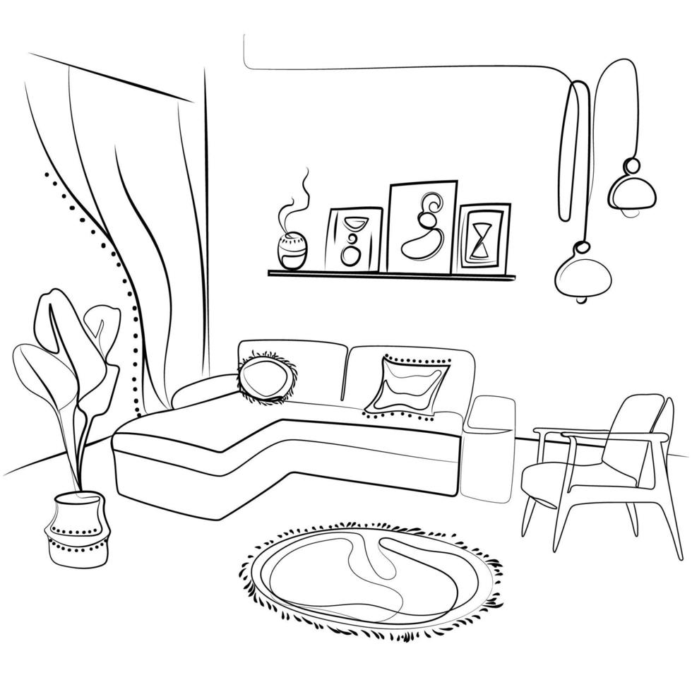 Cozy living room interior design in boho style,corner sofa,armchair,abstract paintings,houseplants and hanging chandeliers.Liner sketch vector illustration of modern interior design