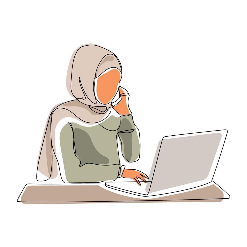 Muslim woman in hijab uses a laptop and speaks on the phone Minimalist liner vector illustration.Arab business woman working on a computer at home or office.Education or office work concept.