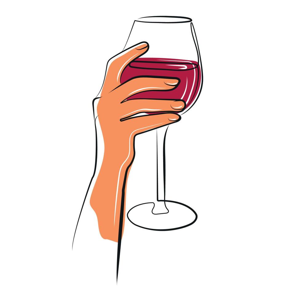 Hand with glass of red wine modern liner illustration in minimalist style vector illustration.Glass of wine in female hand abstract art design,linear template logo or emblem.wineglass trendy print