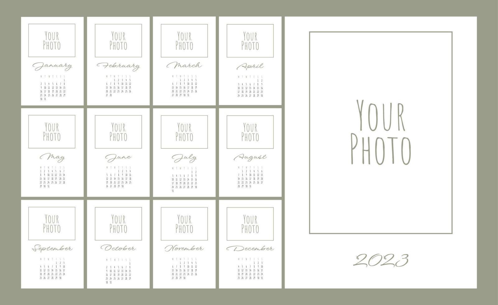 Wall calendar template for 2023 year. Set of 12 months. 2023. Concept, vector editable calender page template for photo. Planner design. Vertical.