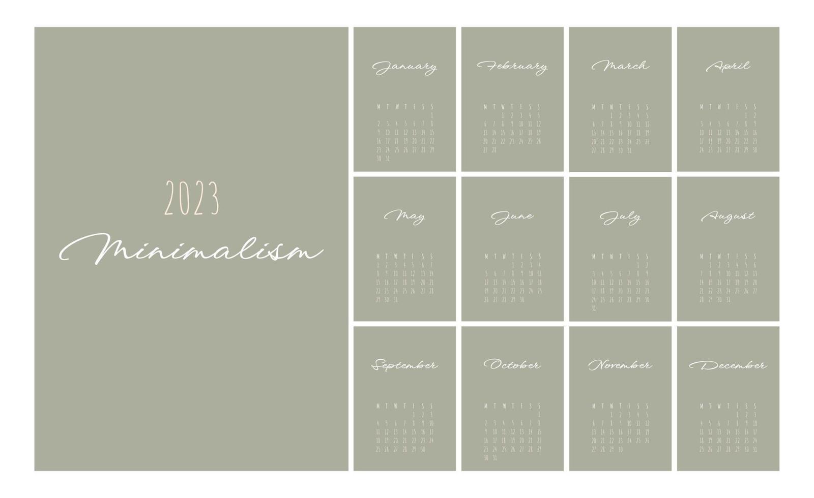 Calendar 2023 Trendy Minimalist Style. Set of 12 pages desk calendar. 2023 minimal calendar planner design for printing template. vector illustration