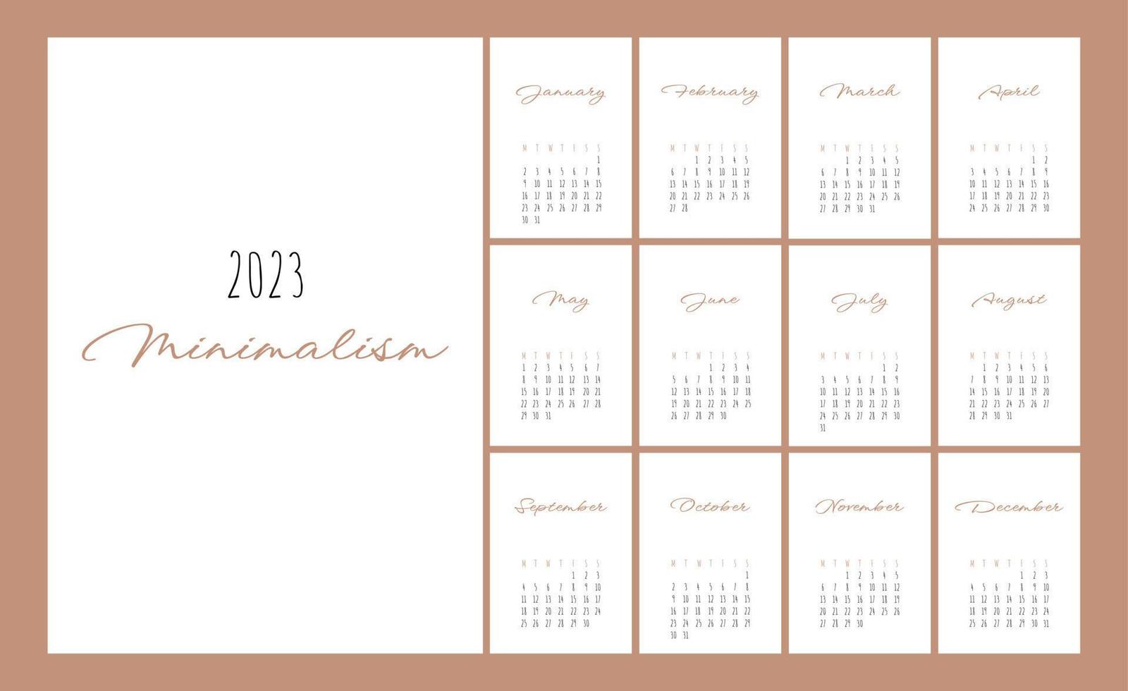 Calendar 2023 Trendy Minimalist Style. Set of 12 pages desk calendar. 2023 minimal calendar planner design for printing template. vector illustration