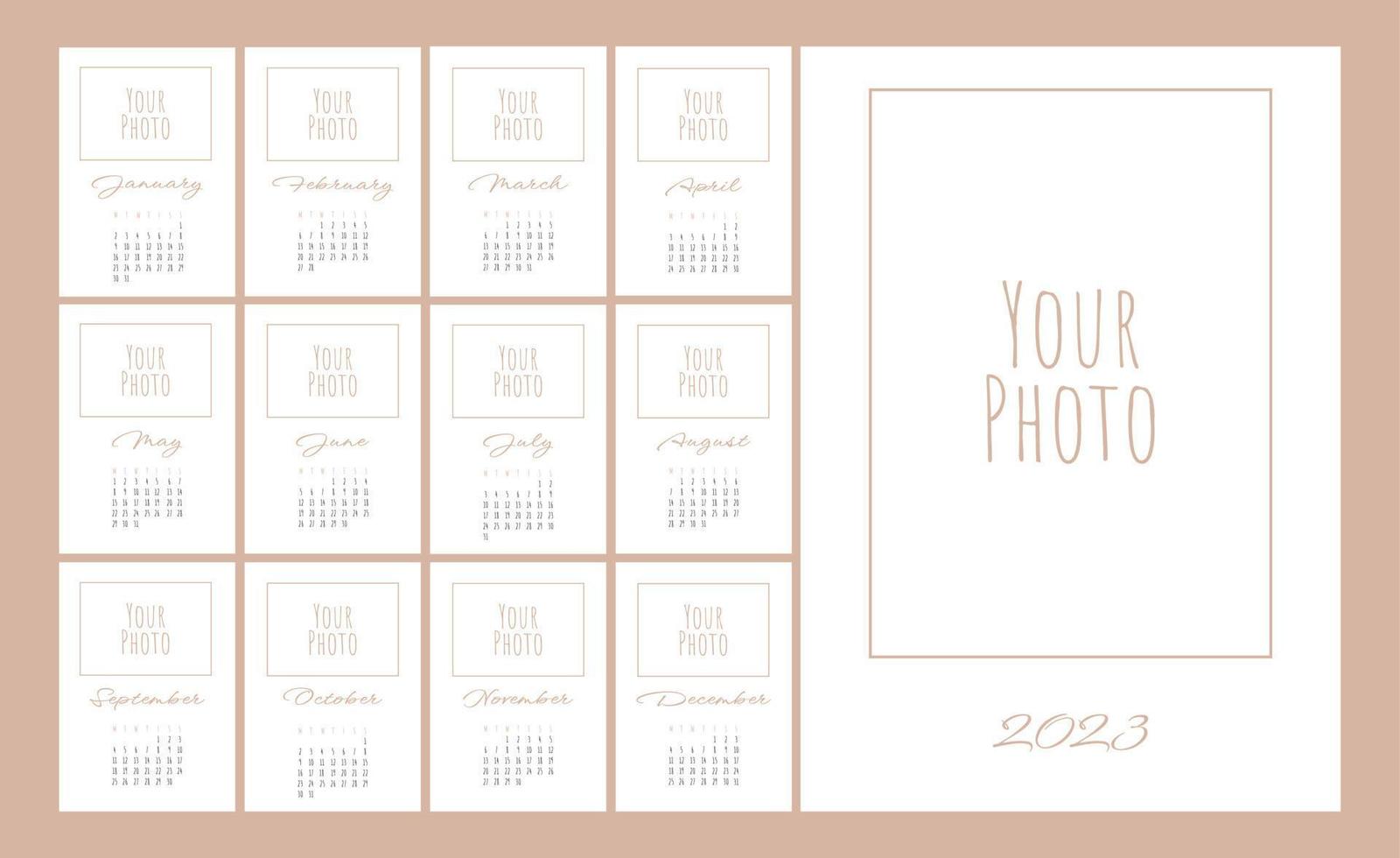 Wall calendar template for 2023 year. Set of 12 months. 2023. Concept, vector editable calender page template for photo. Planner design. Vertical.