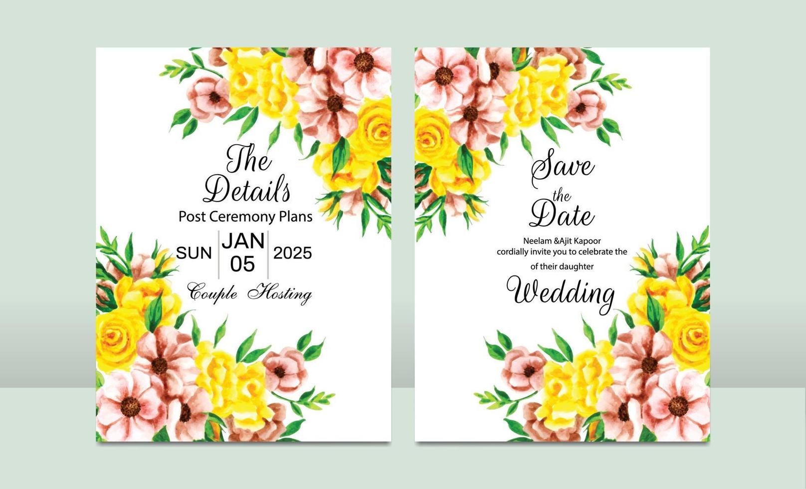 Beautiful blooming floral wedding invitation card set vector