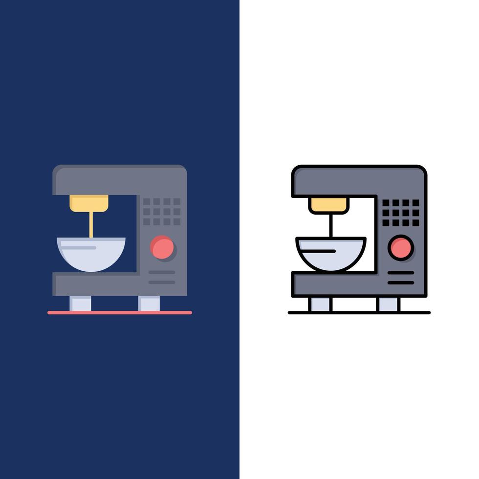 iconos de máquina doméstica eléctrica de café plano y conjunto de iconos llenos de línea vector fondo azul