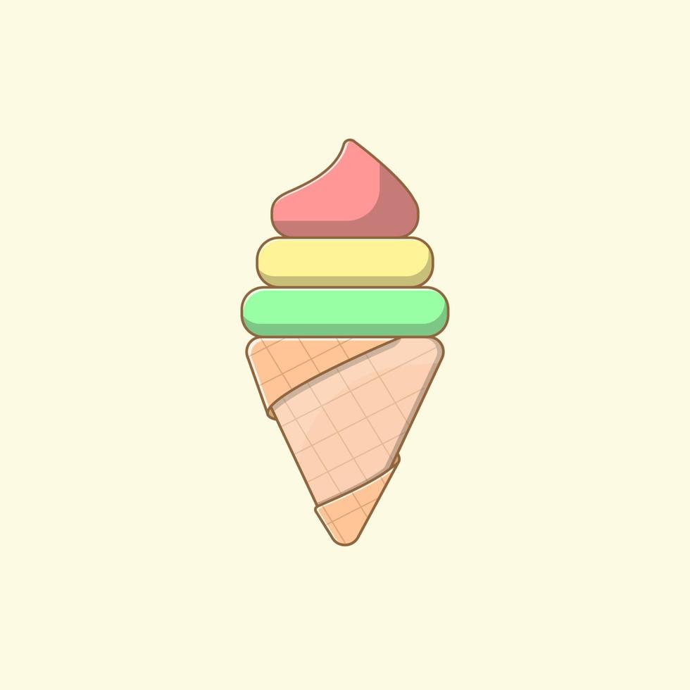 Triple scoop red, yellow, green ice cream waffle vector. vector