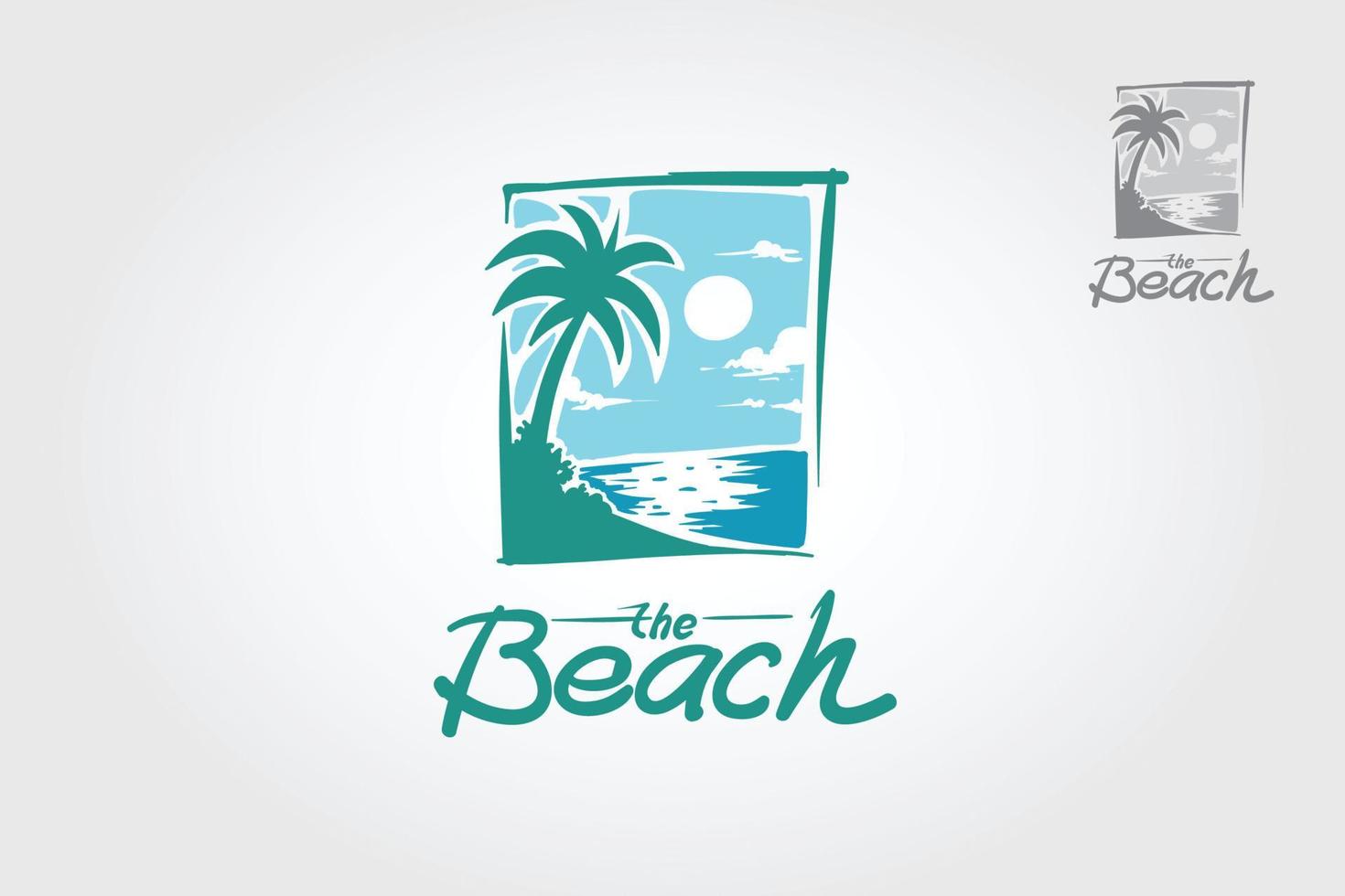 la plantilla de logotipo de vector de playa. logotipo panorámico ilustrado para club de ocio, café temático tropical, agencia de viajes, lugar de ocio.