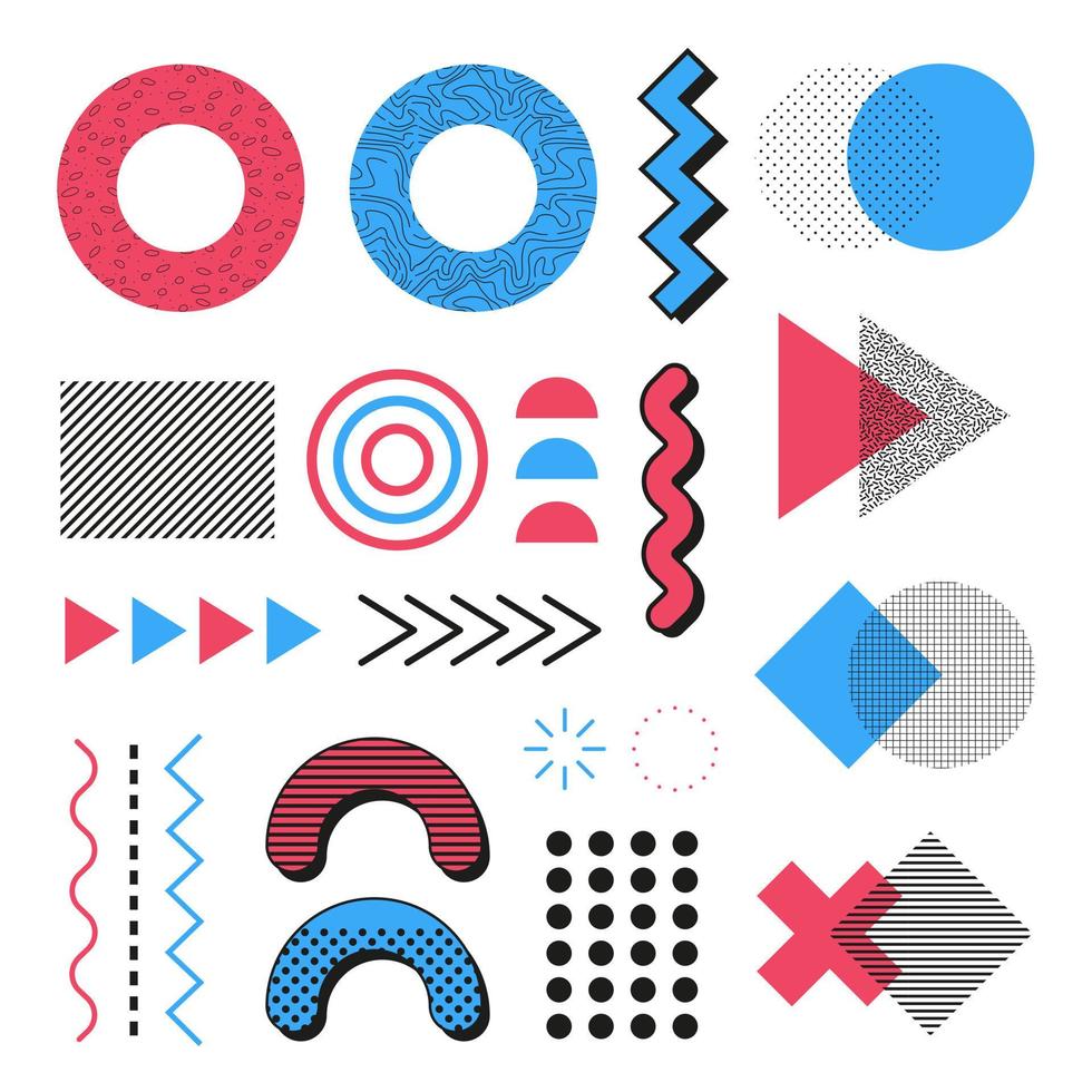 Memphis Elements. Bright and colorful elements. Set of elements for design. Red and Blue colors. vector