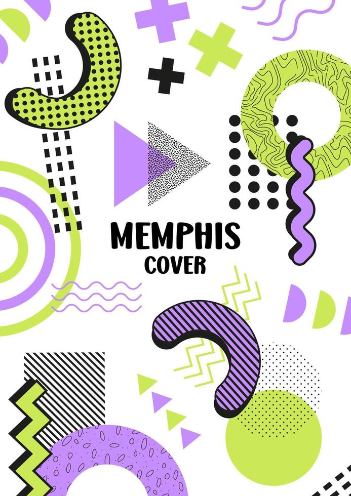 Memphis Elements. Memphis Cover. Poster. Set of elements for design. Green and Purple colors. vector