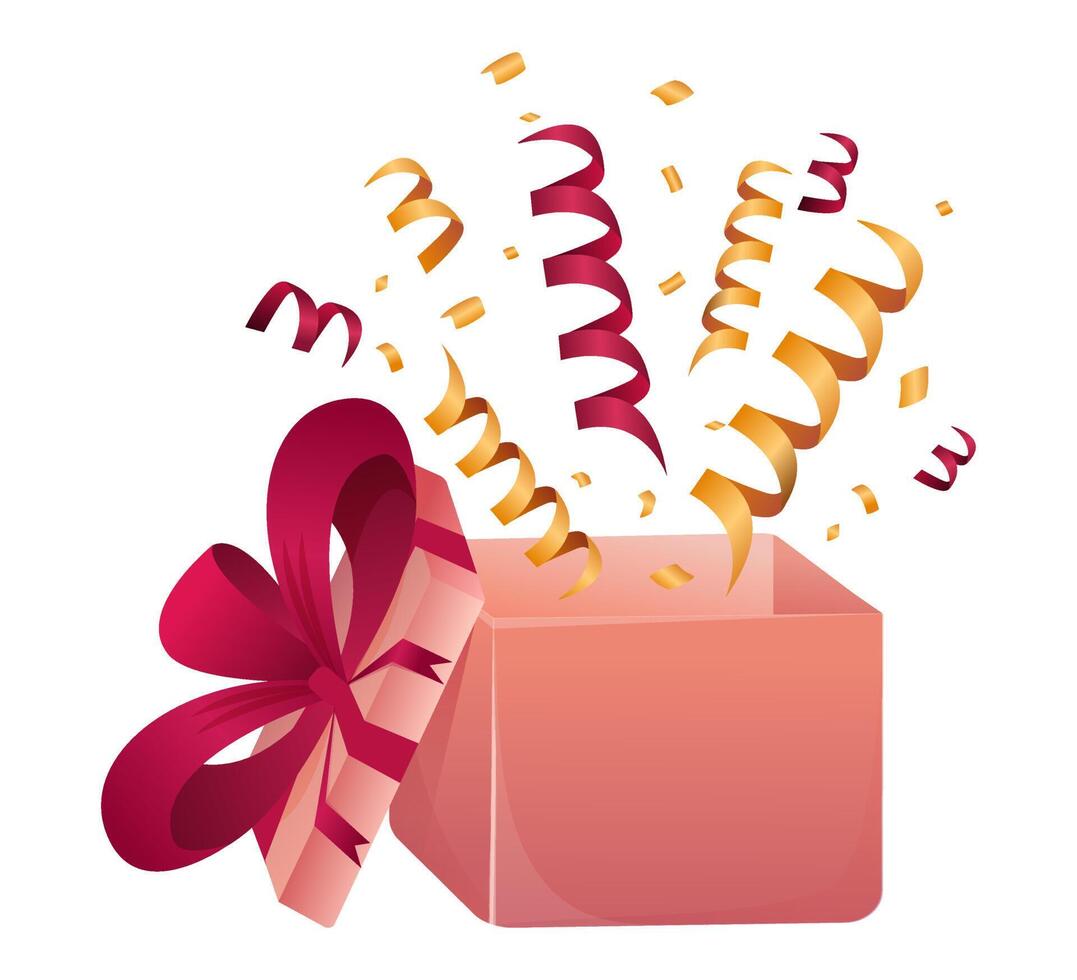 caja de regalo abierta con confeti. estilo de dibujos animados presente paquete con elementos reventados, sorpresa en el interior. diseño de plantilla para sorpresa, evento de celebración, regalos, cumpleaños. ilustración vectorial vector