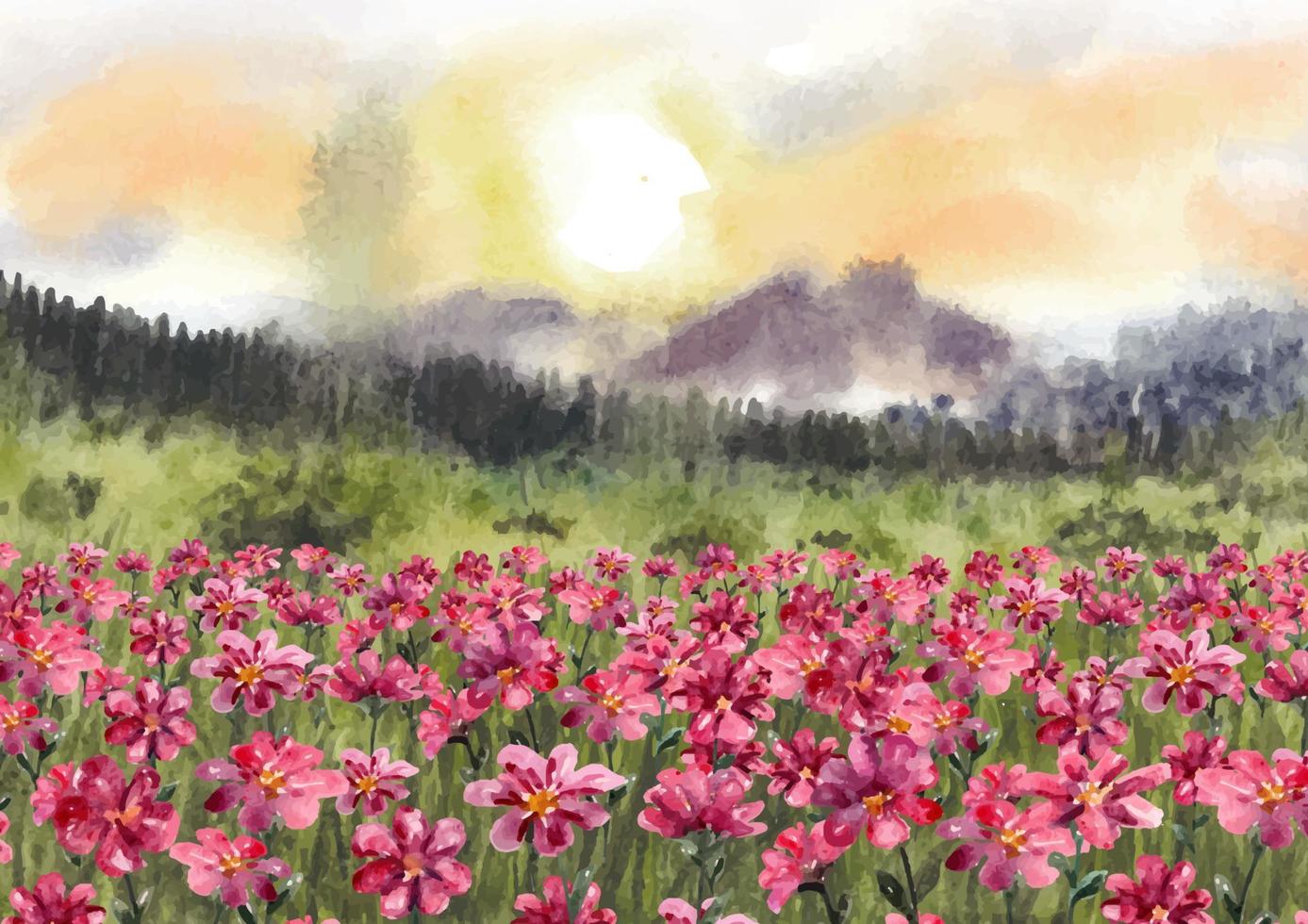 Sunrise nature landscape with beautiful red flowers in watercolor painting vector