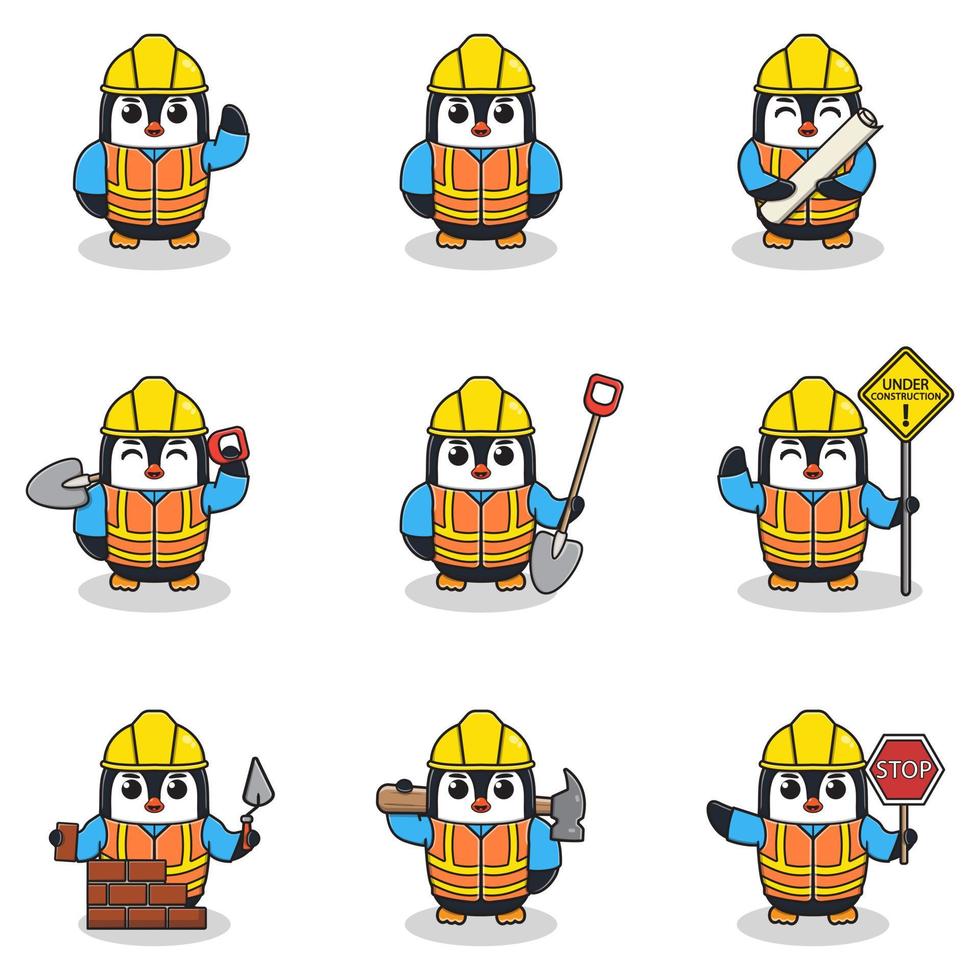 ilustración vectorial del carácter de pingüino en el sitio de construcción. trabajadores de la construcción en varias herramientas. personajes de animales de dibujos animados en casco trabajando en el vector del sitio de construcción.