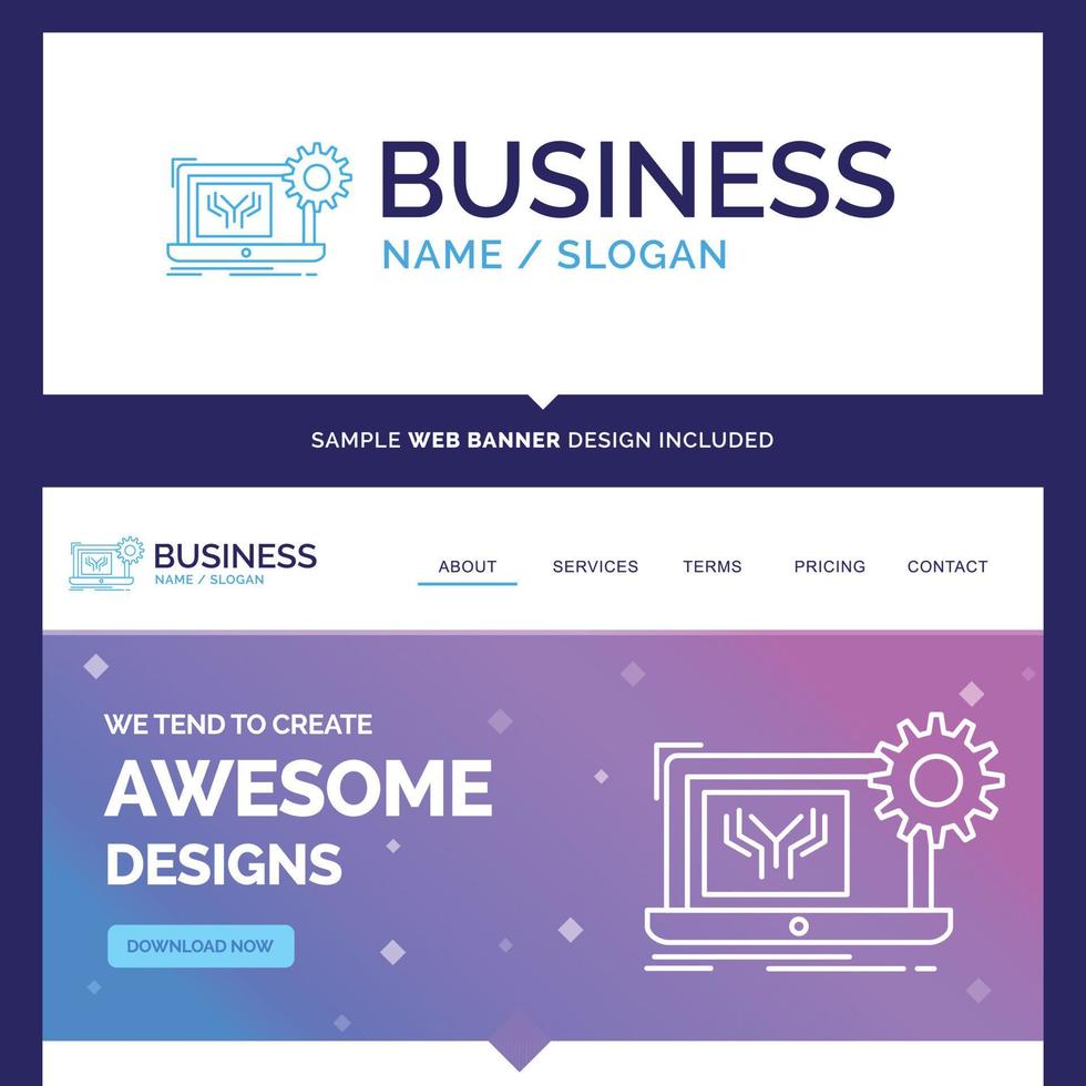 Beautiful Business Concept Brand Name Blueprint. circuit. electronics. engineering. hardware Logo Design and Pink and Blue background Website Header Design template. Place for Slogan .Tagline. vector