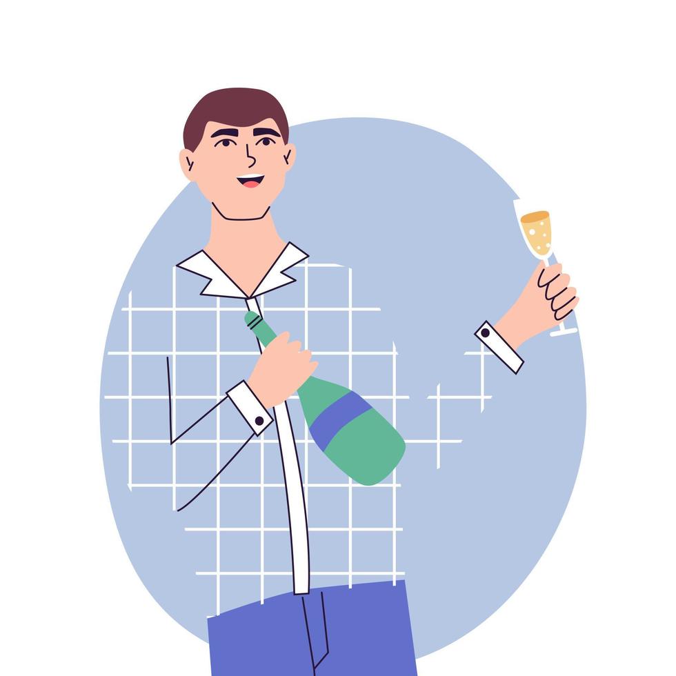 Happy young man at celebration party. Birthday or New Year eve. Vector flat illustration, isolated on a white background.