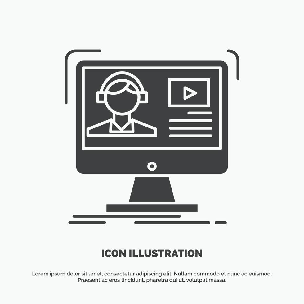 tutoriales video. medios de comunicación. en línea. icono de la educación. símbolo gris vectorial de glifo para ui y ux. sitio web o aplicación móvil vector