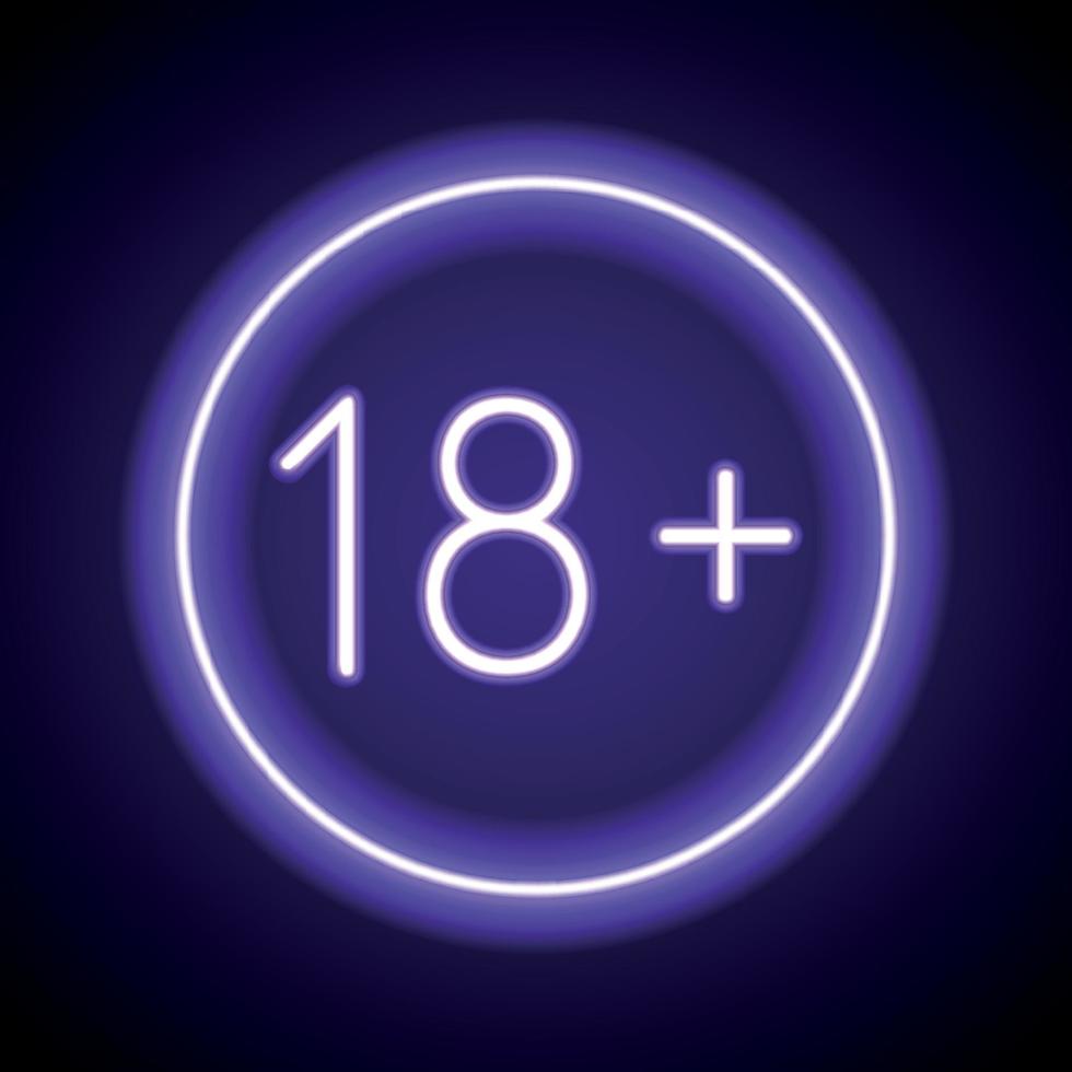 Purple Neon banner age restriction 18 plus on black background vector