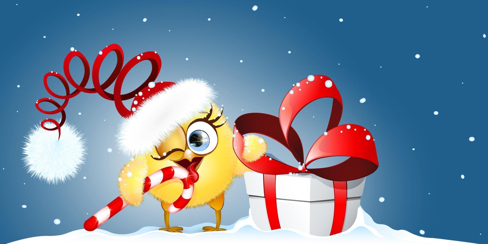 dibujos animados navidad gracioso pollito santa lamiendo bastón de caramelo y sosteniendo una gran caja de regalo con lazo vector