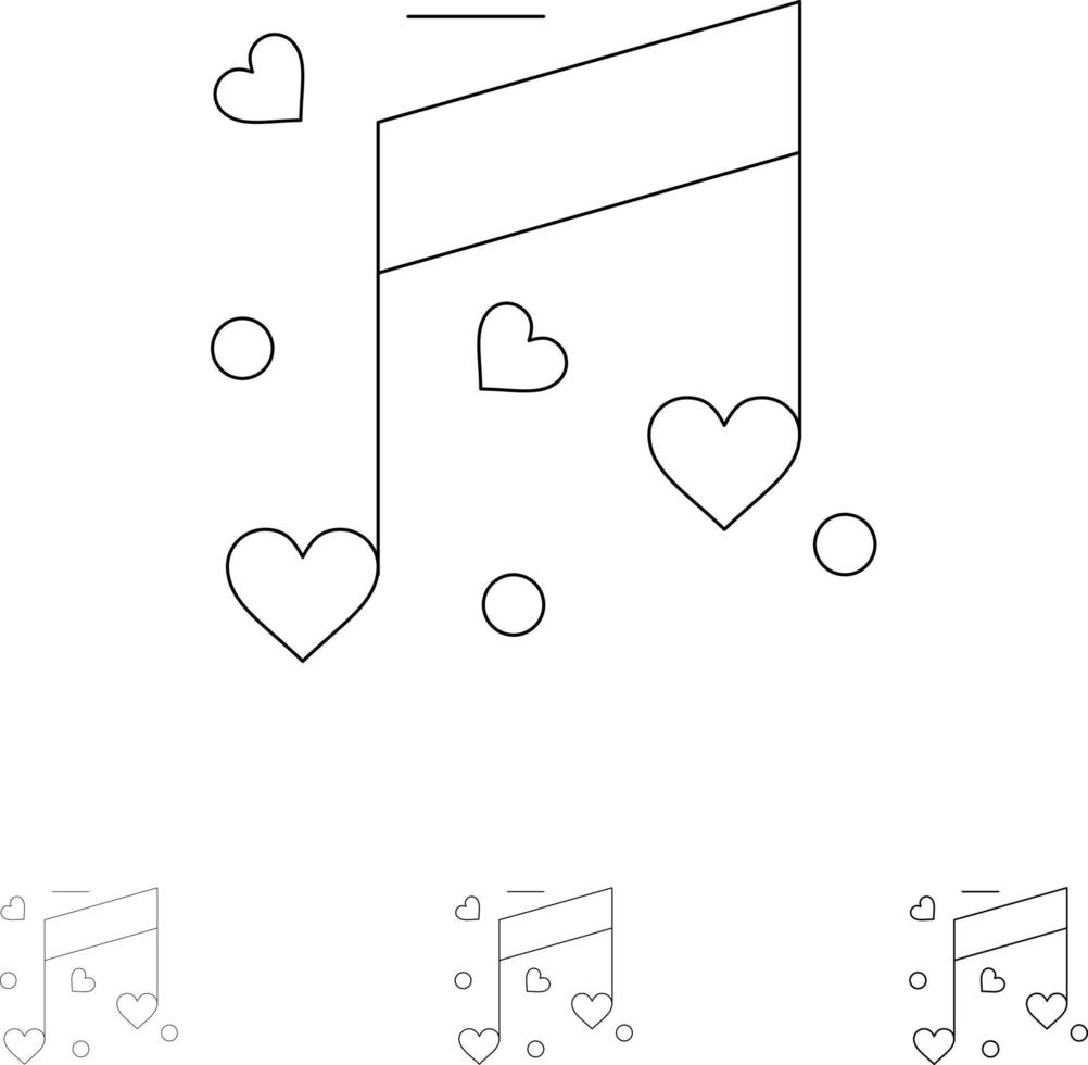 Music Love Heart Wedding Bold and thin black line icon set vector
