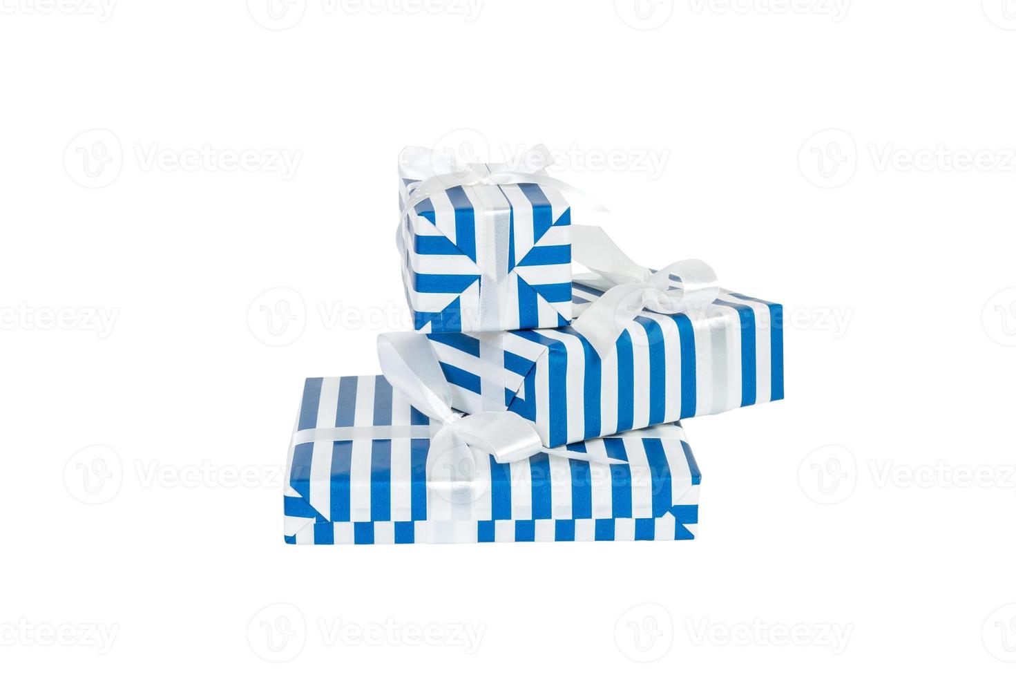 Set of Christmas or other holiday handmade present in blue paper with white ribbon. Isolated on white background, top view. thanksgiving Gift box concept photo