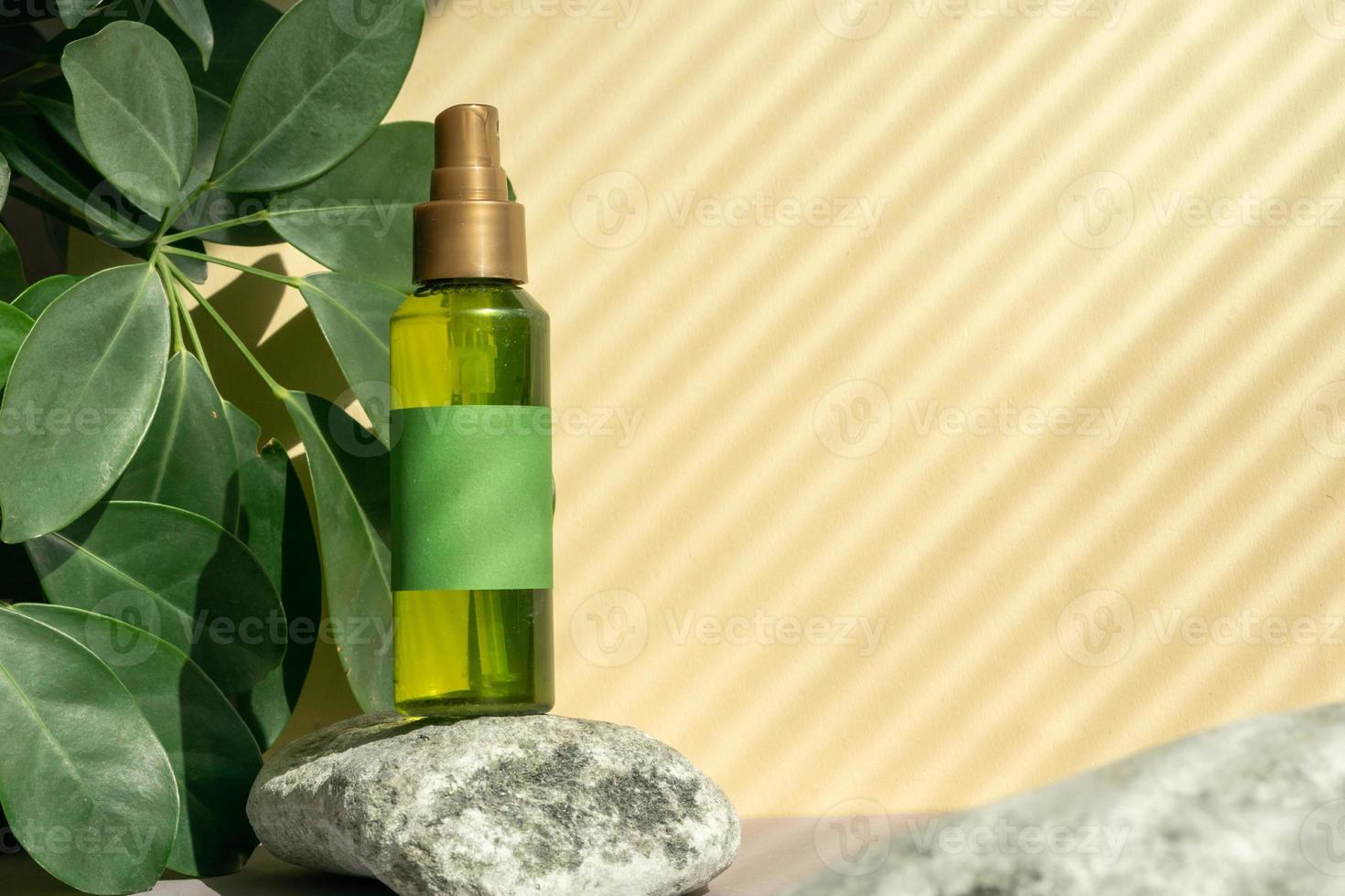 A bottle of green color with a spray bottle lies on the stones, next to the green leaves photo