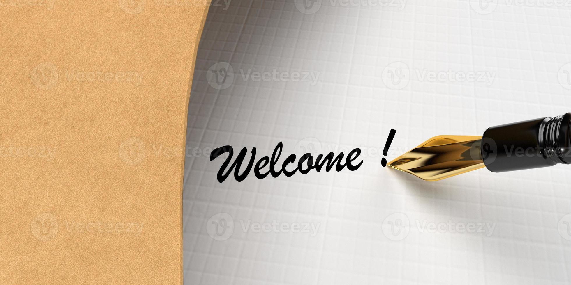 Welcome text calligraphy word paper banner symbol message concept hello business hotel service reception guest phrase lettering celebration festival font communication language contract sign photo